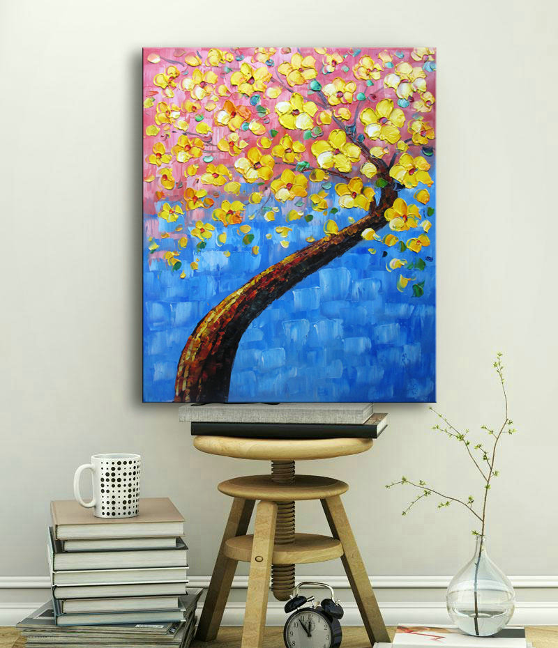 Palette Knife Painting "yellow Tree" Wall Decor flower oil Painting On Canvas yellow blue